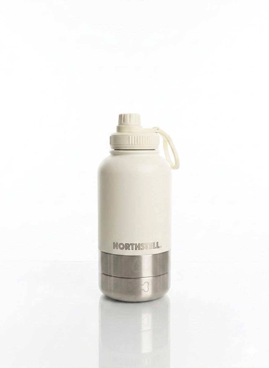 Botella 3 en 1 para Perros y Mascotas, Botella de Agua con 2 Recipientes para Comida y Bebedero Portátil,sin BPA, Antigoteo, Ideal para Paseos, Viajes y Excursiones (Blanco)