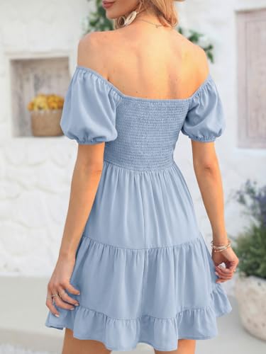Image of Veatzaer Women's Puff Sleeve Square Neck Smocked Babydoll Dress Boho Floral Print Off Shoulder Ruffle Mini Short Dress