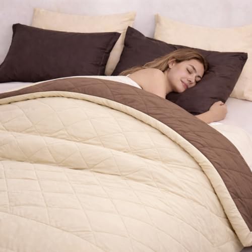 Image of King Size Comforter for Double Bed, 220 GSM Soft Microfiber AC Comforter, All Season Lightweight Reversible Blanket Bed Quilt, Premium Bedding, 90 x 100 Inch, Cream-Light Brown