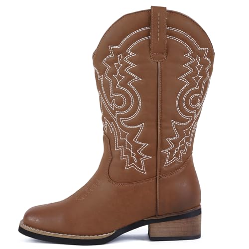 Image of ZOKSOVE Women's Cowboy Western Boots - Square Toe Wide Calf Boots - Low Heels Short Mid Calf Booties Shoes