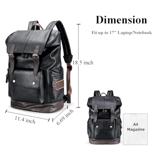 Image of CHAO RAN Vintage Leather Laptop Backpack For Men, Men Black Leather Backpack