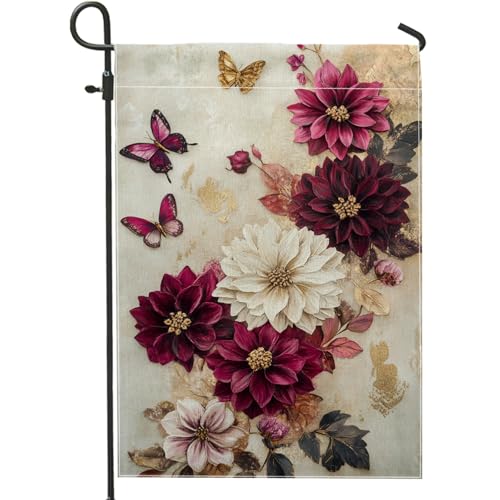 Autumn Floral Garden Flag, Burgundy Dahlia Flowers Butterfly Outdoor Decor Garden Banner, Double Sided Burlap Yard Flag Seasonal Lawn Decoration 12x18 Inch