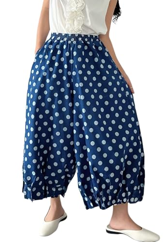 chouyatou Women Polka Dot Printed Wide Leg Cotton Pants Loose Elastic Waist Palazzo Trousers with Pockets