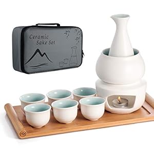 Keramische sake set warme pot bamboe dienblad, fornuis Safe keramiek Hot Saki Drink, 10 stuks inclusief fornuis warmteschaal sake flessen dienblad 6 kopjes + doos opbergdoos geschenkdoos