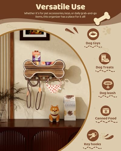 MTERSN Farmhouse Dog Leash Holder for Wall - Dog Stuff Organizer and Doggie Bone Key Holder Wall Mount with 5 Decorative 3D Puppy Paw Hooks & Storage Shelf - Ideal Home Decor (Brown) - Image 6