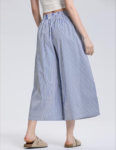 Image of LOMON Womens Wide Leg Capri Pants Gingham Plaid Culottes Summer Elastic Waist Palazzo Trousers Bottoms with Pockets