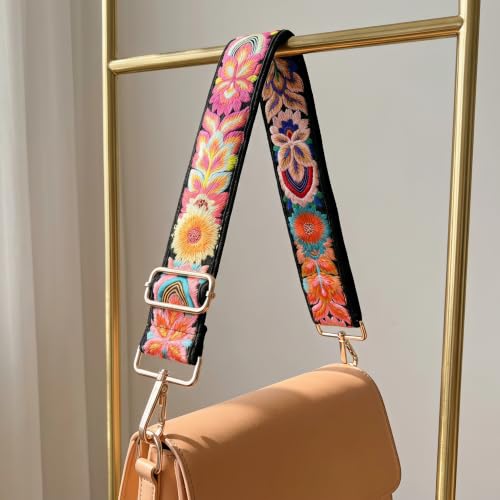 Image of Wide Purse straps Crochet Flower replacement crossbody for Handbag Adjustable Embroidery Knit Guitar Shoulder strap
