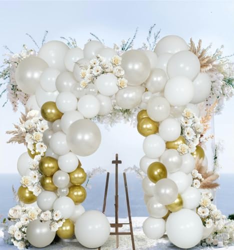 Image of Pearl White Double Stuffed Balloon Arch Kit - Ivory, Cream & Champagne Gold Latex Balloons for Wedding, Bridal Shower, Birthday, Gender Reveal, Boho Party Garland Decor (98 Pcs)