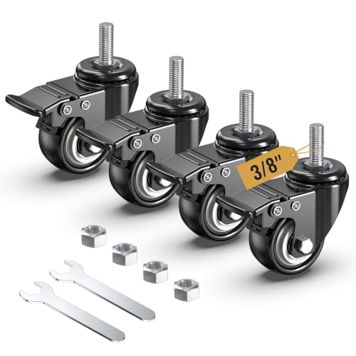 HOLKIE Stem Caster Wheels 2 inch Total Locking Casters Set of 4, Threaded Stem 3/8" -16 x 1 (Diameter 3/8", Length 1") Swivel Heavy Duty Castors Black