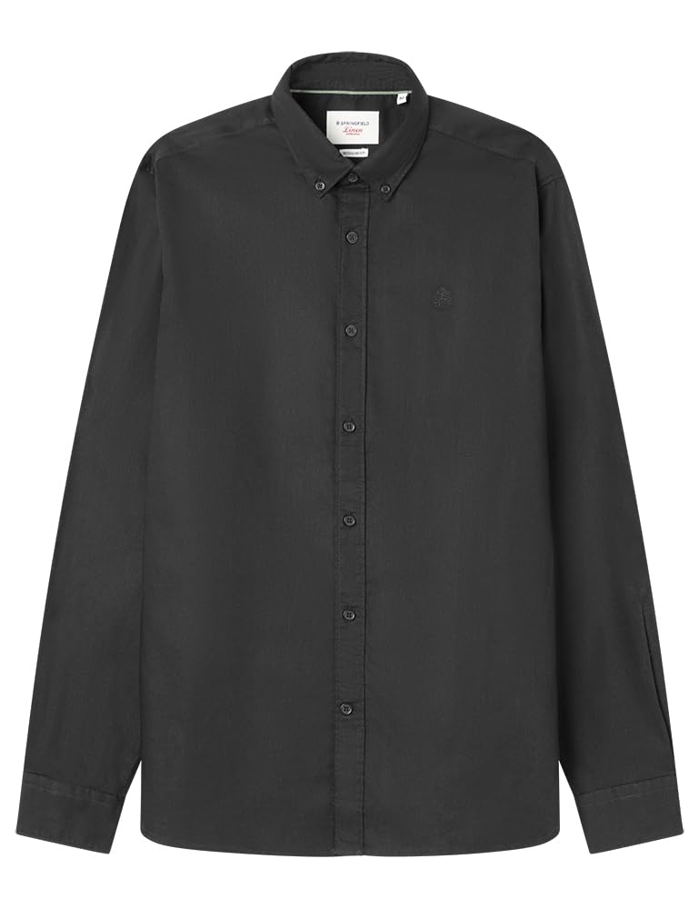 SPRINGFIELD Men's Linen Basic European Flax Shirt, Black Standard, S