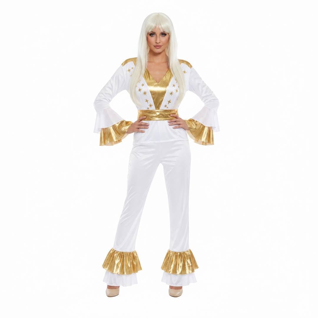 Adult 70s Pop Icon Costume Two-Piece Outfit & Blonde Wig Fancy Dress