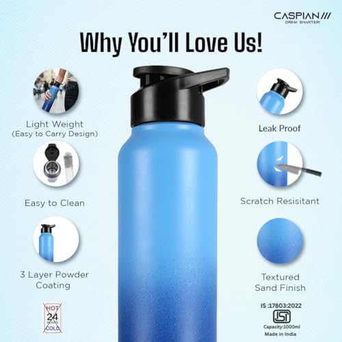 Image of CASPIAN / / / HIke ISI Certified Stainless Steel Water Bottle 1 ltr. (M Blue, 1 Litre) | Leak Proof Sipper for Fridge Home Office Travel School Kids Boys Girls Adults Sports Gym Yoga Gift | BPA Free