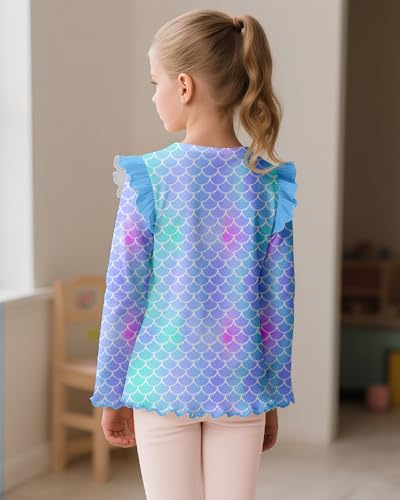 Image of Girls Long Sleeve Shirts Kids Crewneck T-Shirt Toddler Girl Unicorn Mermaid Ruffle Graphic Tees Fall Soft Tops 3-8 T