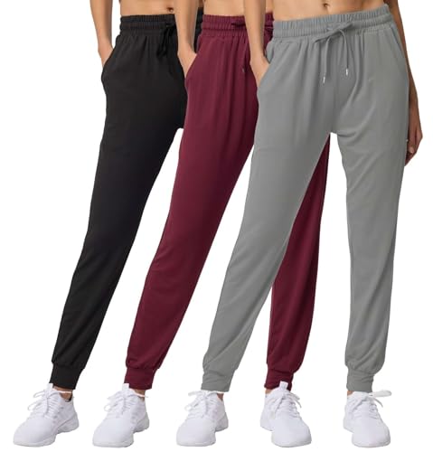 Image of 3 Pack Women's Joggers Sweatpants Lounge Pants Yoga Workout Pajama Pockets | Available In Plus Size, Stretchy, Loose, Comfy, Drawstring, Athletic, Casual, Travel, Summer, Gym, Hiking, Dance, Running