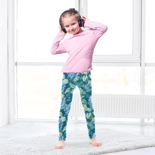 Green Frog Blue Hydrangea Girls Leggings Soft Stretch Workout Yoga Dance Pants for Kids Casual Tights4