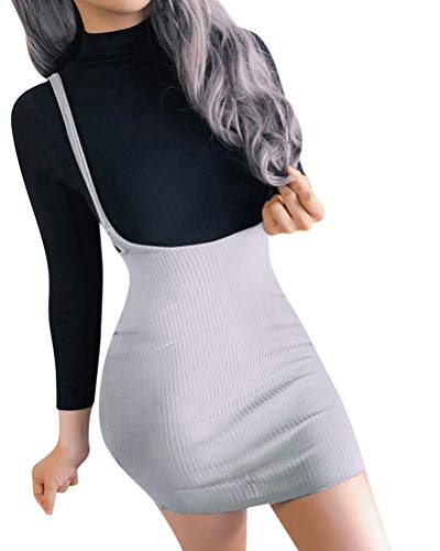 Minetom Damen Mädchen Minirock Latz Rock Trägerrock Kleider Chic Plaid Einfarbig Bodycon Latzkleid Trägerkleid Minikleid B Grau 40