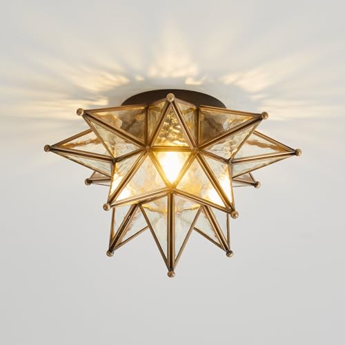 Image of Moravian Star Ceiling Light - 12.7 inch Brass & Hammered Clear Glass, Black