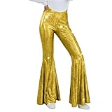 Pantalones con purpurina para mujer, pantalones largos metálicos, pantalones de lentejuelas de los años 70, cintura alta, elegantes, estilo vintage, hip hop, discoteca, fiesta, festival, #03-oro, M