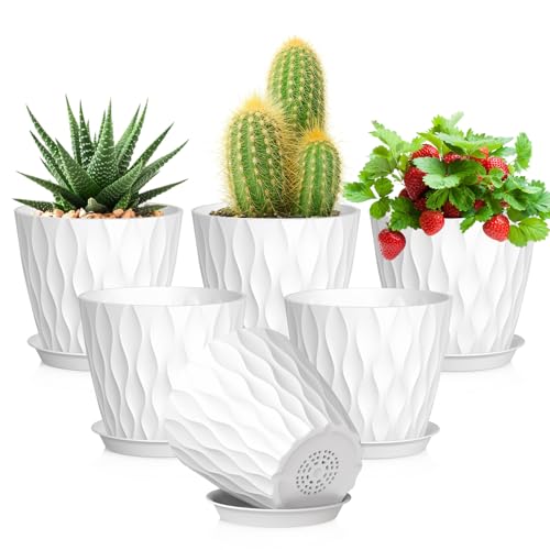Meowell 5 inch Plant Pots for Indoor Outdoor Plants, 6 Pack Thick Nursery Pots with Drainage Holes and Saucers, 3D Modern Wave Texture Small Plastic Planter Flower Pots for Succulent, Herb, White