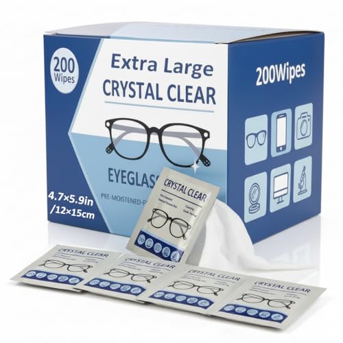 200 Lingettes Nettoyantes pour Lunettes - Format 12x15cm, Individuellement Emballées, Séchage Rapide et Sans Traces, Idéal pour Verres Optiques, Écrans de...