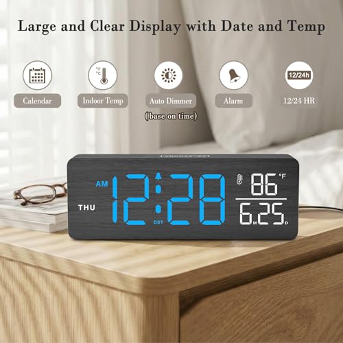 Image of DreamSky Wooden Digital Alarm Clock with Date & Day of Week for Bedroom | Large Display Desk Clock for Living Room, Temperature, Dimmer, Adjustable Volume, Auto DST, Office Wood Decor (Plug-in)
