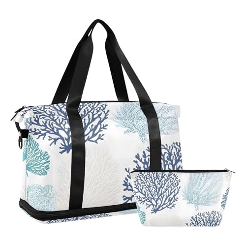 Blue Coral Sea Beach Gym Bag for Women Sport Travel Duffel Bag Shoulder Weekender Overnight Bags with Wet Pocket & Shoe Compartment
