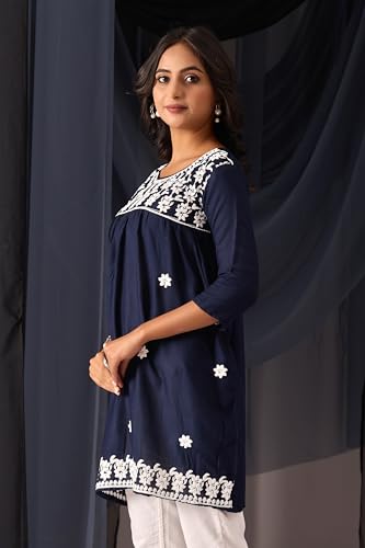 Image of Sidhidata Rayon Floral Embroidered Short Kurti | Short Anarkali Kurti for Girls | Women's Casual Sleeveless Printed Top | Tops for Women (Kurti Myra)