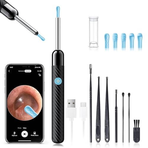 ear wax removal - earwax remover tool with 8 pcs ear set - ear canal cleaner with 1080p camera - fsa hsa eligible - ear cleaning kit with 6 ear spoon - ear camera for ios amp android black