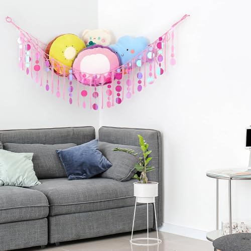 Image of FIOBEE Stuffed Animals Hammock Net Toy Storage Organizer with LED Light, Stuffed Animals Storage Girls Room Decor Wall Hanging with Sequins for Kids Bedroom Nursery Playroom, Light Pink