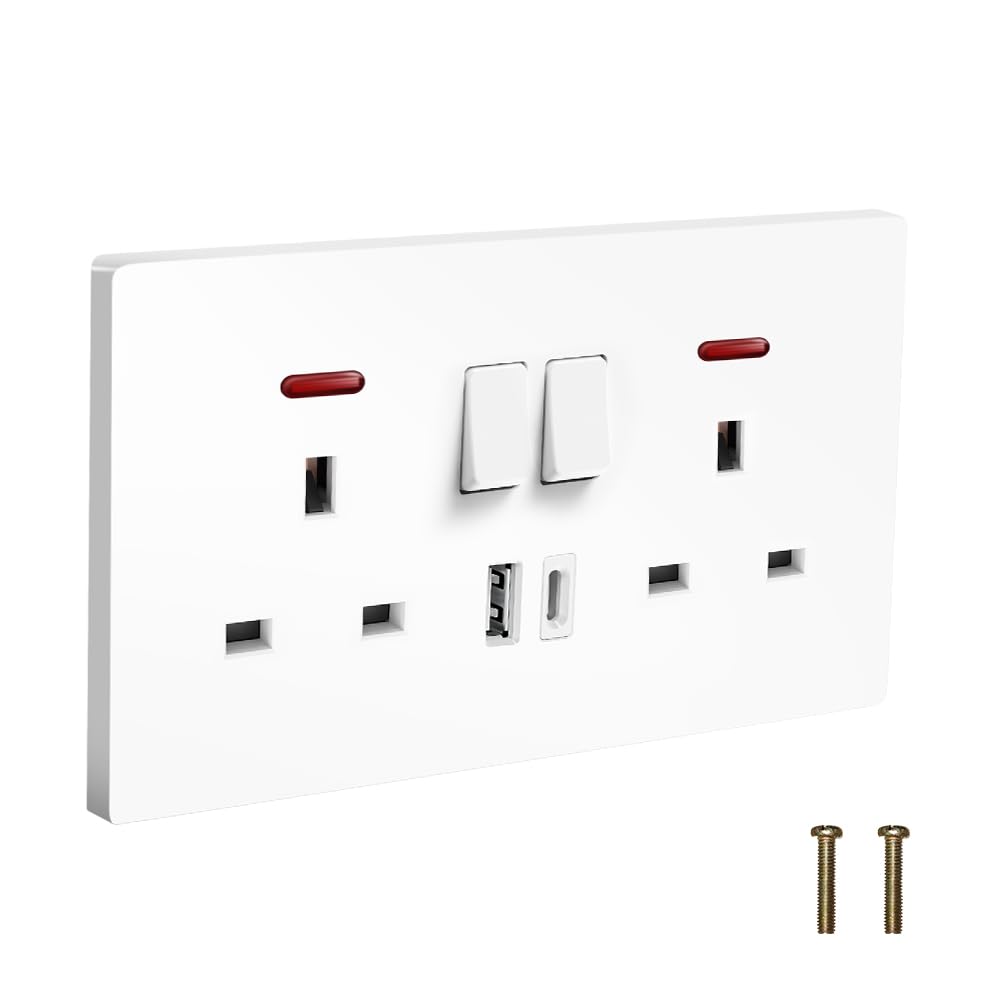 EINNO Wall Electrical Outlets with Power Indicator - Double Socket with USB C and USB A, 13 Amp White