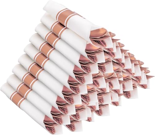 Joyido 50Guests Pre Rolled Rose Gold Plastic Silverware Sets - Heavy Duty Rose Gold Cutlery - Include 50 Pack Wrapped Disposable Utensils with Napkins for Parties Dinners & Weddings