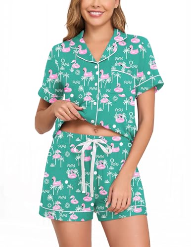 Image of Veseacky Womens Pajamas Set Short Sleeve Sleepwear Button Down Pjs Comfy 2 Pieces Soft Lounge Set S-XXL