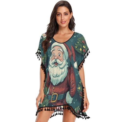 Christmas Art Santa Claus Women's Beach Cover Up Chiffon Tassel Swimwear Swimsuit Coverups for Girl