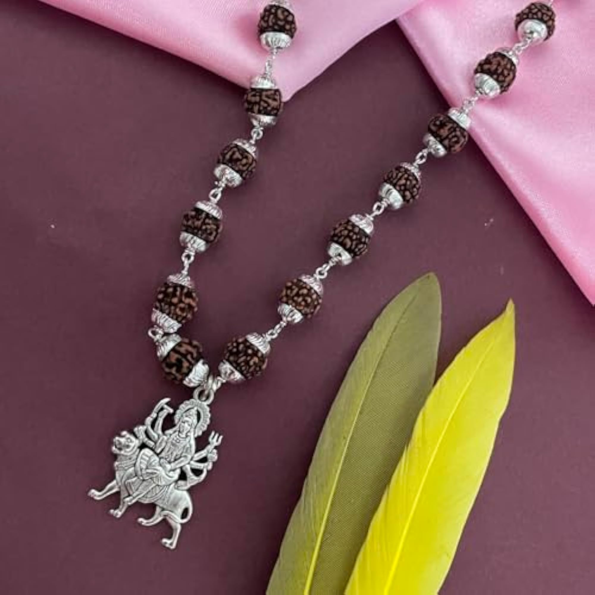 Lord Durga Mata Pendant Rudraksha Mala Necklace, Silver Plated