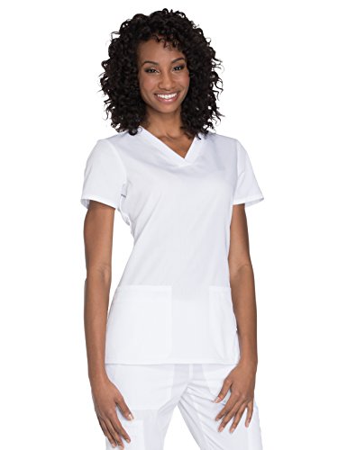 Cherokee Womens V-Neck Scrub Top - Modern Classic Shirt with 3 Pockets Instrument Loop & Fade Resistant Fabric Plus Size - White