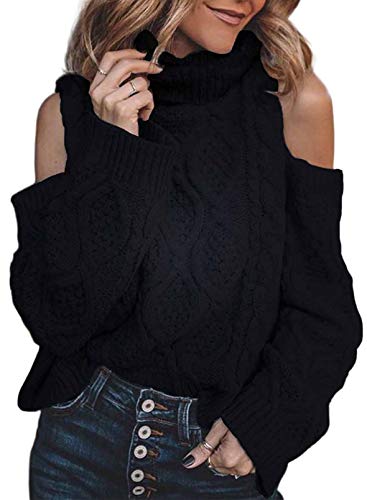AlvaQ Womens Cold Shoulder Cowl Neck Sweaters Winter Casaul Loose Long Sleeve Knitted Pullover Jumer Tops Black Medium