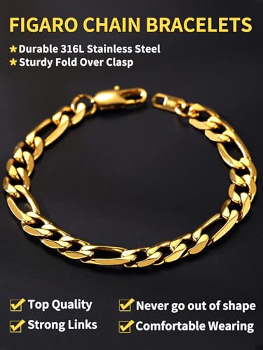 ChainsHouse Figaro Link Chain Bracelet Stainless Steel/Black/18K Gold Plated Wrist Bracelets for Men Women, 6MM-13MM, 7.5"/8.3", Send Gift Box3