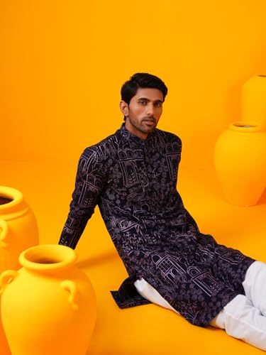 Image of SOJANYA (Since 1958 Men's Cotton Silk Kantha Thread Embroidered Kurta with White Pyjama