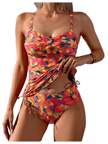GORGLITTER Women's Floral Print Tankini Swimsuits Bow Tie High Waisted Bathing Suit Summer Beach Vacation Swim Wear