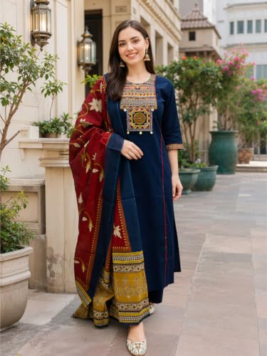 Image of BHARVITA Women's Cotton Embroidered Anarkali Kurta and Palazzo with Dupatta Set