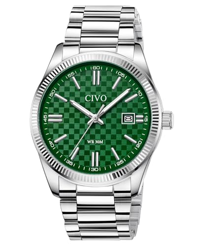 CIVO Analogue Business Mens Watches: Stainless Steel Waterproof Quartz Dress Watch - Elegant Green Checkered Dial with Luminous Hands Date Display for Professional Men