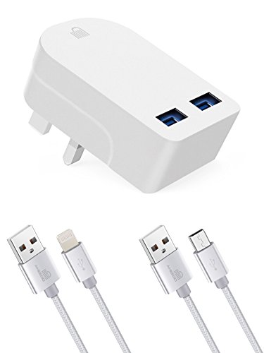 Ameego [3 piezas] 3A plegable doble USB Plug & High Life Span Cable Micro USB y iPhone Cable Compatible iPad Air Pro mini/iPhone X Max XR.5.6.7 8. Plus, y más dispositivos Micro y iPhone USB (Blanco)
