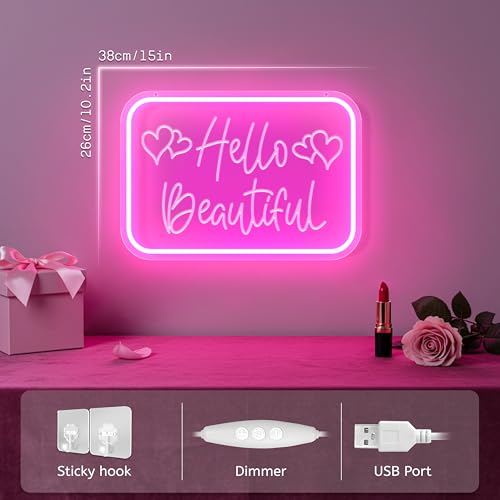 Image of VIKLIU Hello Beautiful Neon Signs for Wall Decor,Pink Led Neon Sign for Teen Girls Dimmable Led Lights Signs for Aesthetic Room Girls Bedroom Decor, Beauty Salon,Party