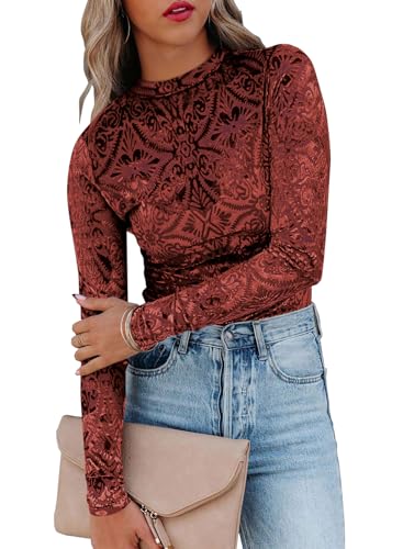 miduo Womens 2026 Spring Fashion Mesh Tops Velvet Burnout Top Crew Neck Long Sleeve Slim Fit Shirt Blouses Top Red L
