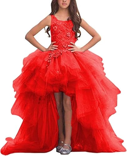 High Low Pageant Dresses Tiered Tulle Lace Applique Flower Girl Dresses for Wedding Ruffles First Communion Dress