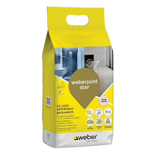 WEBER Mortier joint carrelage décoratif hydrofugé, spécial intérieur et extérieur, largeur 2 à 10mm, 5kg, beige pierre, WEBERJOINT STAR
