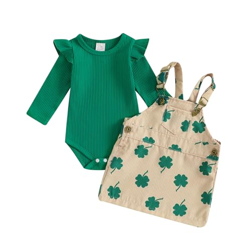 Image of Karuedoo Newborn Baby Girl St Patricks Day Outfit Long Sleeve Romper Clover Corduroy Overall Dress Suspender Skirt Outfit Set