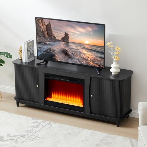 Image of Fireplace TV Stand, Fluted TV Stand with Storage and Sliding Door, Farmhouse Entertainment Center Media Console Table for Living Room (Black)