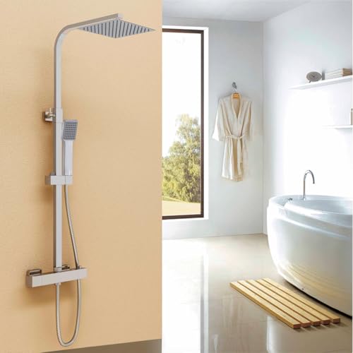 OCEAN ITALY Colonna Doccia Con Miscelatore Termostatico, Set Doccia con Soffione Quadrato in Acciaio INOX e Doccetta a Man Quadrata, Asta Saliscendi Doccia Regolabile, Antibruciore