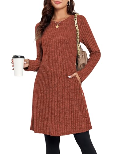 SENBATU Vestidos de Mujer Vestido Informal con Cuello Redondo para Mujer Vestido Midi de Punto con Bolsillos Caramelo x-Large